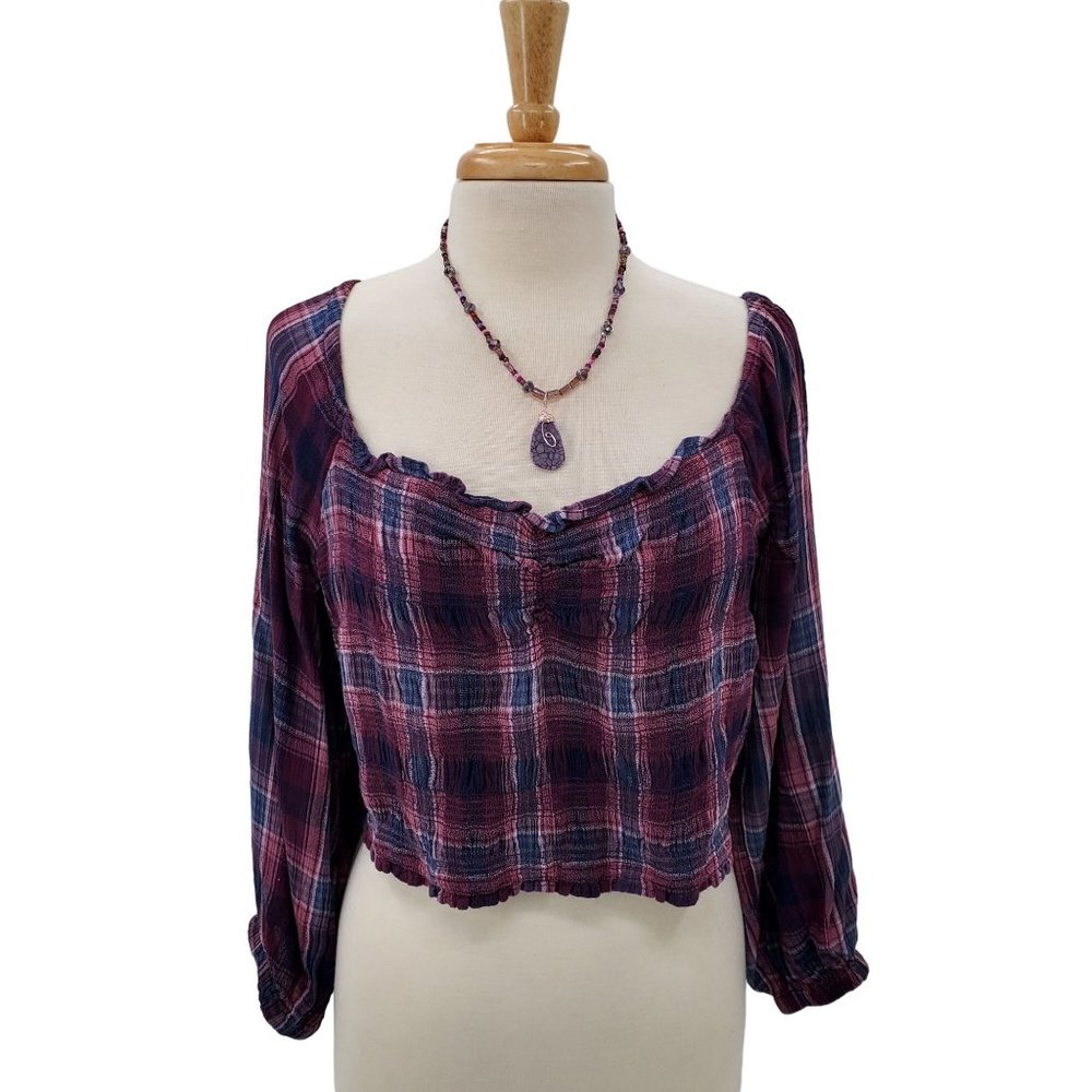 American Eagle Womens Plaid Flannel Cropped Half Shirt Sz XL Purple Long Sleeve